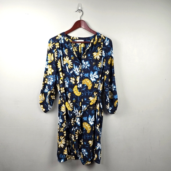 LOFT Floral Midi Dress Quarter Sleeve Waist Tie Navy‎ Yellow Women Sz M - Picture 1 of 11